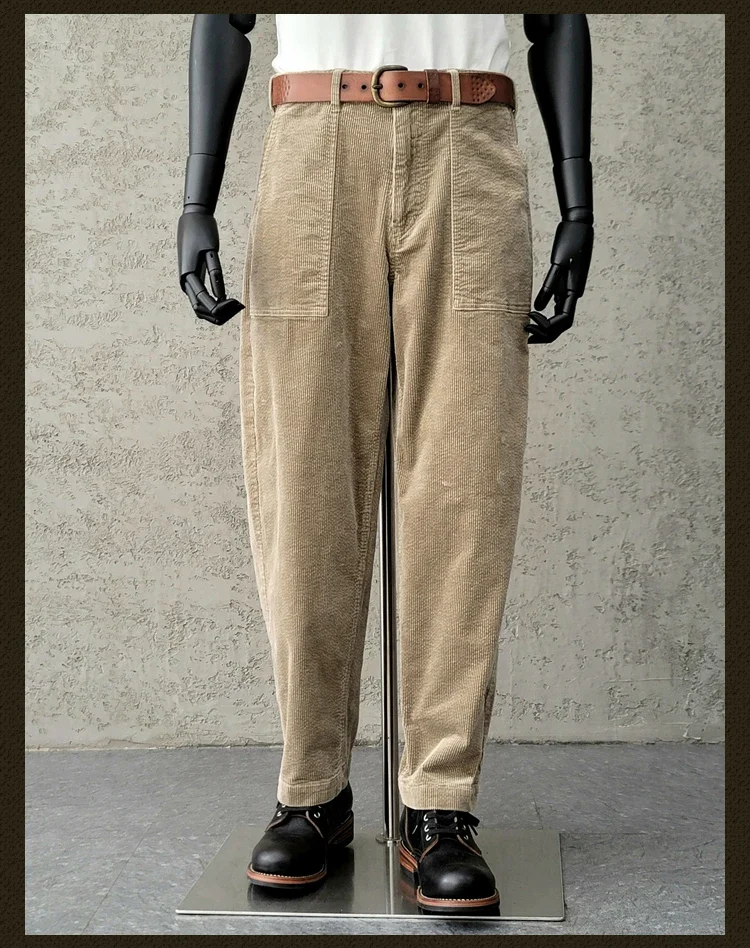 Amei Khaki Style Vintage Cotton Khaki Corduroy Cargo Wide Leg Pants Day Loose Tapered Foot Pants
