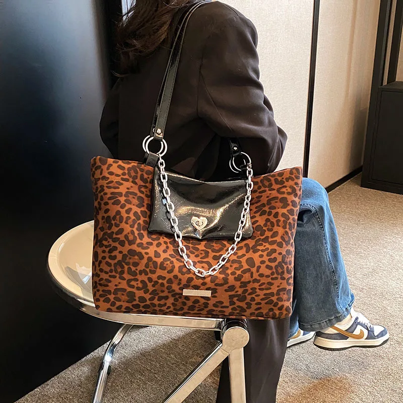 Fashion Leopards Pattern Women Shoulder Bag PU Canvas Casual Shopping Shoppers Bag Large Capacity Ladies Handbags Travel Totes