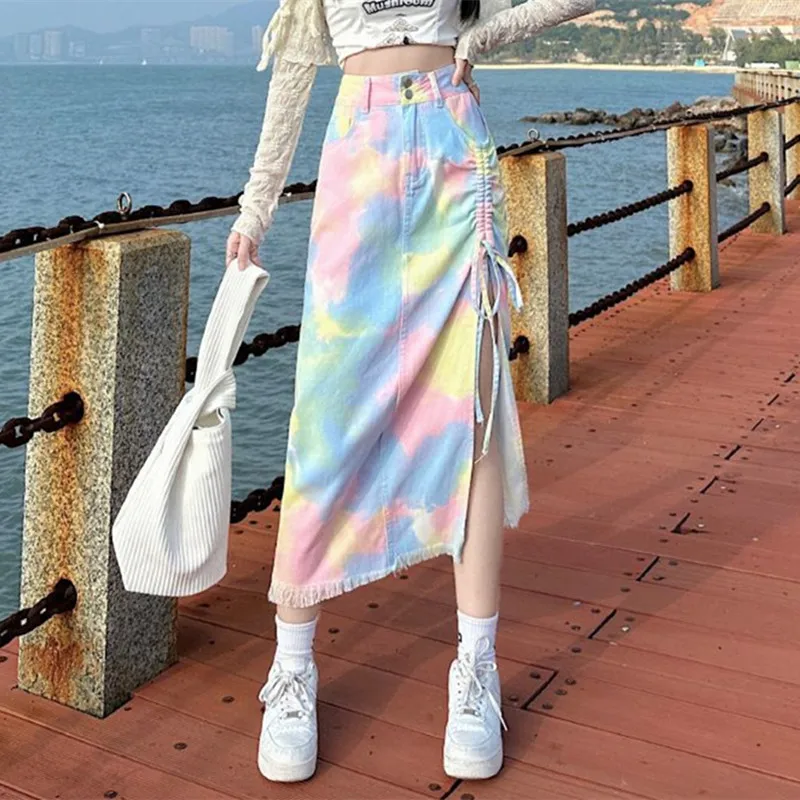 

Tie-Dyed Colorful Drawstring Lace Up High Waist Mid-length Skirt Women's Summer Street Style Straight A-line Split Skirt