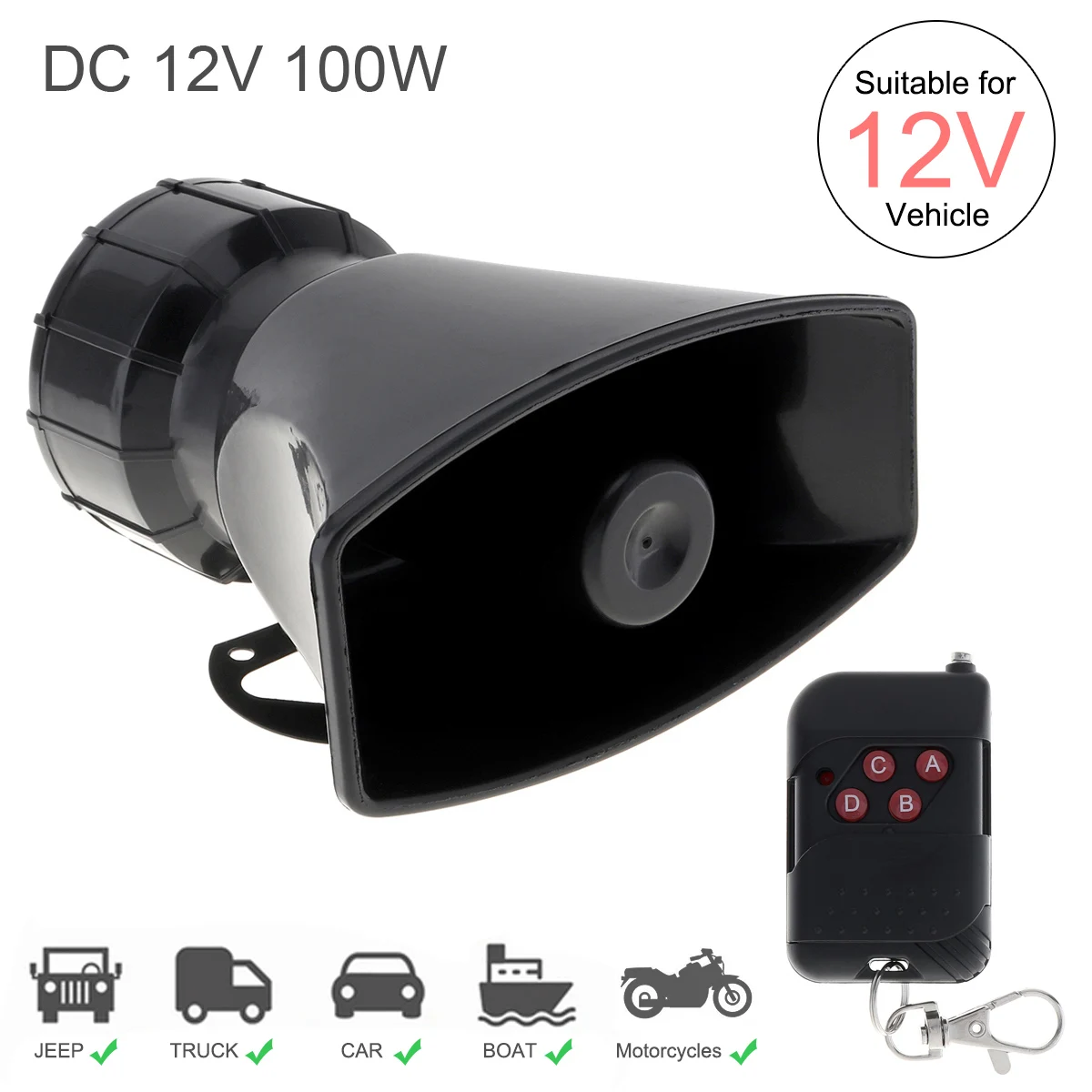 Car Siren Horn 100W 7 Sound Loud DC12V Police Fire Emergency Alarm Speaker Black Wireless Remote Controller