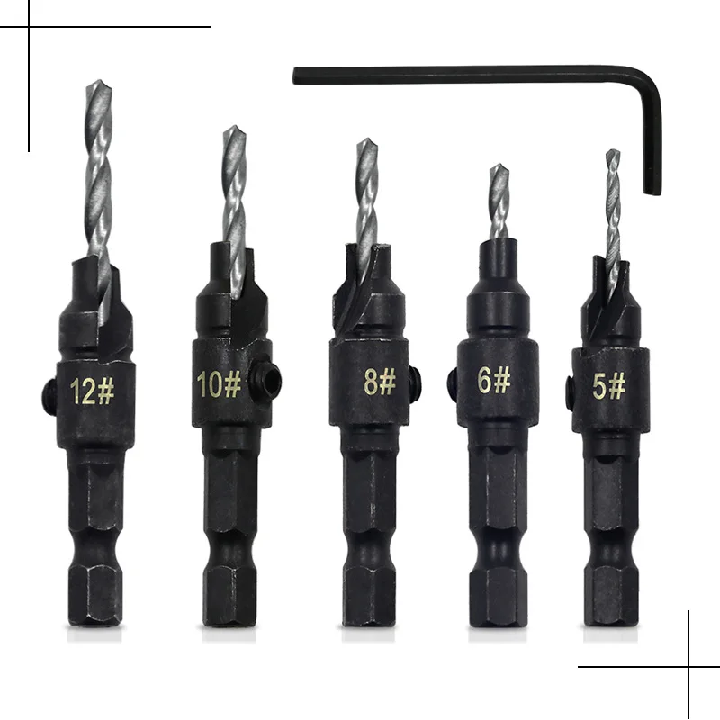 

5pcs Countersink Drill Woodworking Drill Bit Set Drilling Pilot Holes For Screw Sizes #5 #6 #8 #10 #12