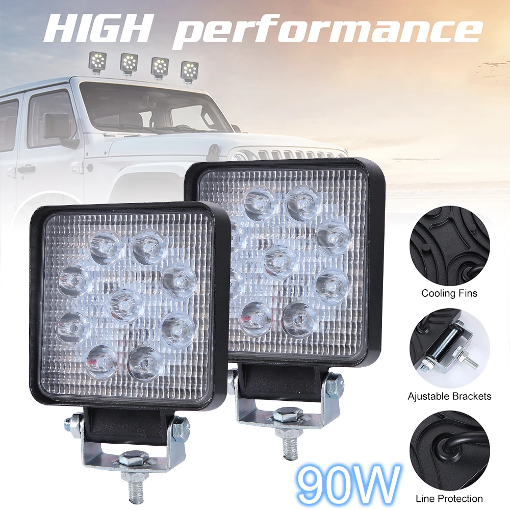 

2pcs 90W Car Work Light 6000K 9000LM Square IP67 Waterproof LED Bar Lamp Spot Lights Beam for Off-Road Suv Boat 4X4 Jeep Truck