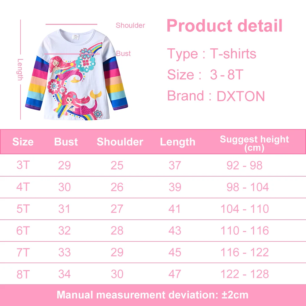 DXTON Girls Rainbow Sleeve T-shirts Spring Mermaid Printed Children Girls Tops Floral Toddlers Cotton Tees Cartoon Kids Outfits 5