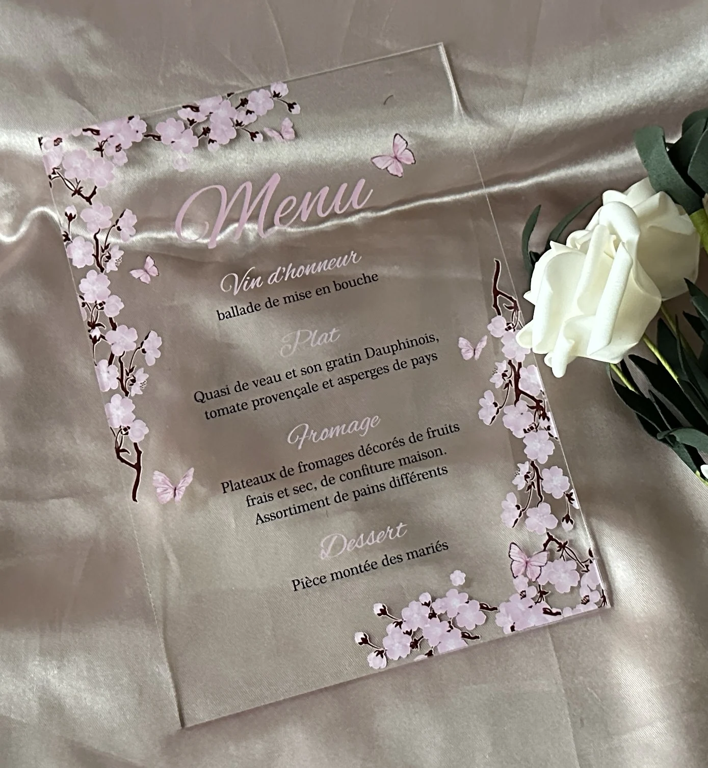 Description Picture 4 of item10pcs Custom Acrylic Wedding Invitation Menu,Butterfly,Blossom Pink Floral Dinner Menu Personalized Menu Card for Decoration