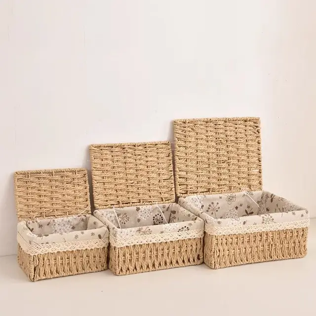 Multi-Purpose Rattan Storage Baskets with Lid Imitation Rattan Desktop Sundries Organizer Home Decoration 3