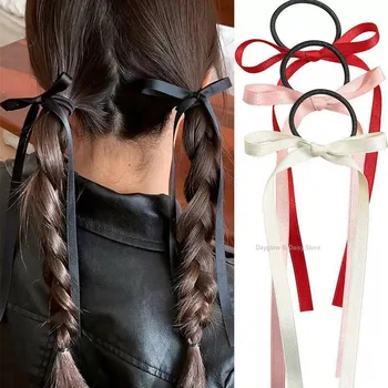 Eleganti Elastici per Capelli da Donna con Fiocchetti Lunghi a Nastro, Accessori per Coda di Cavallo a Tinta Unita