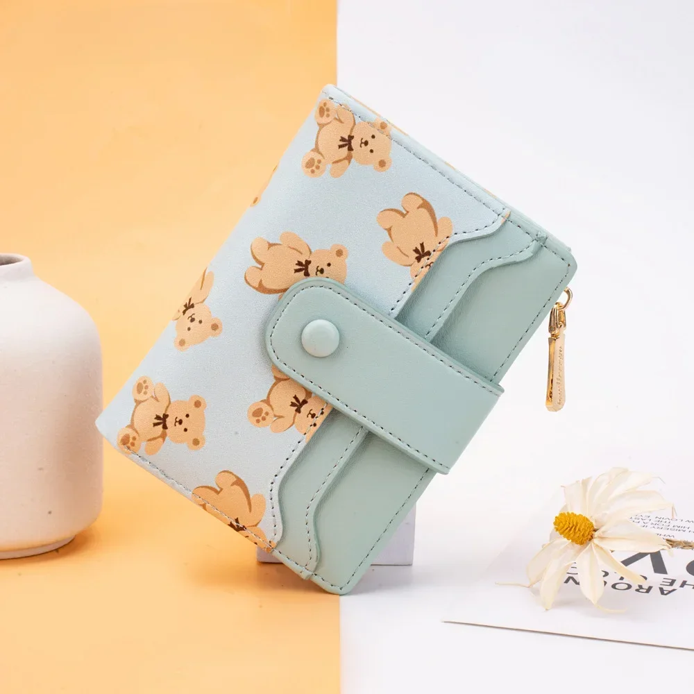 Women Short Wallets PU Leather Female Bifold Purses Cute Bear Card Holder Wallet for Girl Small Zipper Wallet with Coin Purse 5