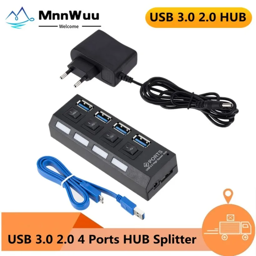 Hub Usb 3.0 2.0 Hub Usb 3.0 Multi Usb Splitter Hub Usb A 4 Porte Usa Adattatore Di Alimentazione 4 Porte Espansore Multiplo 2.0 3.0 Hub Con Interrutto