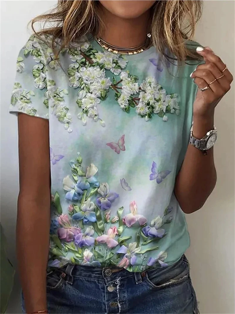 تي شيرت تقليدي مطبوع ازهار