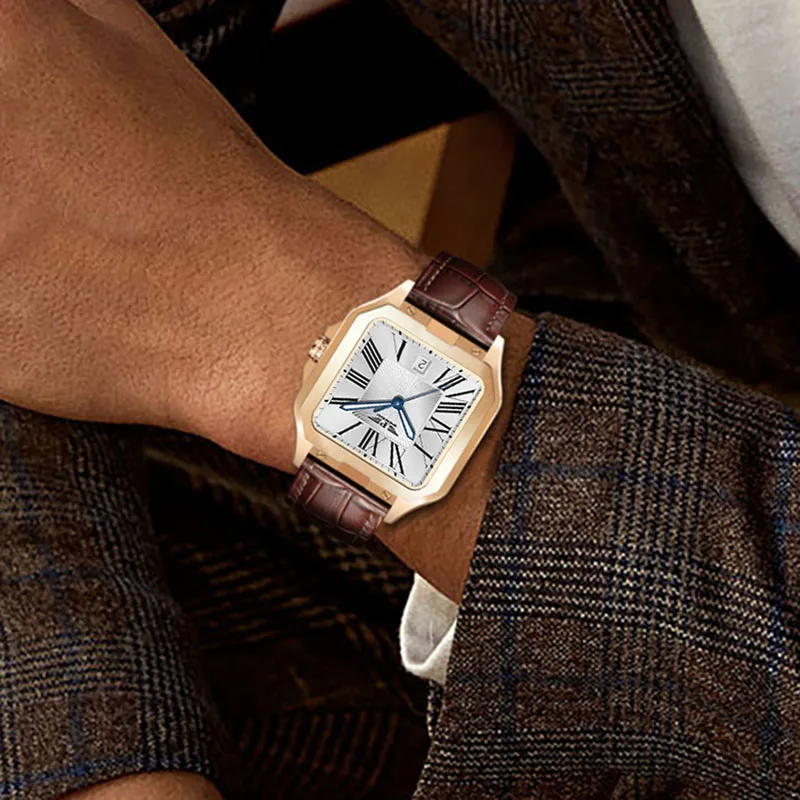 PINDU Orologio automatico da uomo, orologio da uomo meccanico quadrato, semplice e facile da leggere, Cinturino in acciaio inossidabile con cassa dorata, Meccanico