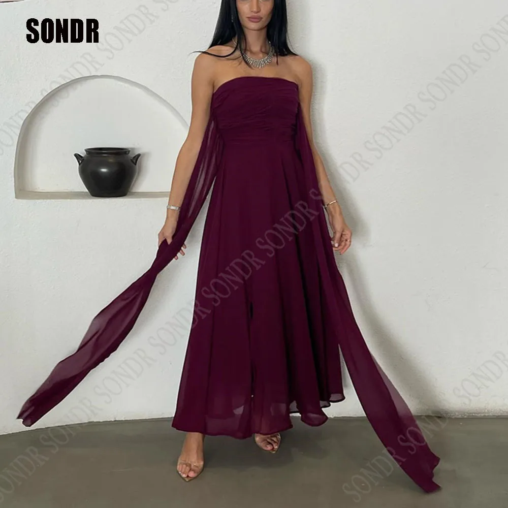 

SONDR Elegant Saudi Arabia A Line Sleeveelss Formal Women Evening Dresses Ankle Length Burgundy Chiffon Prom Dresses Party Gowns