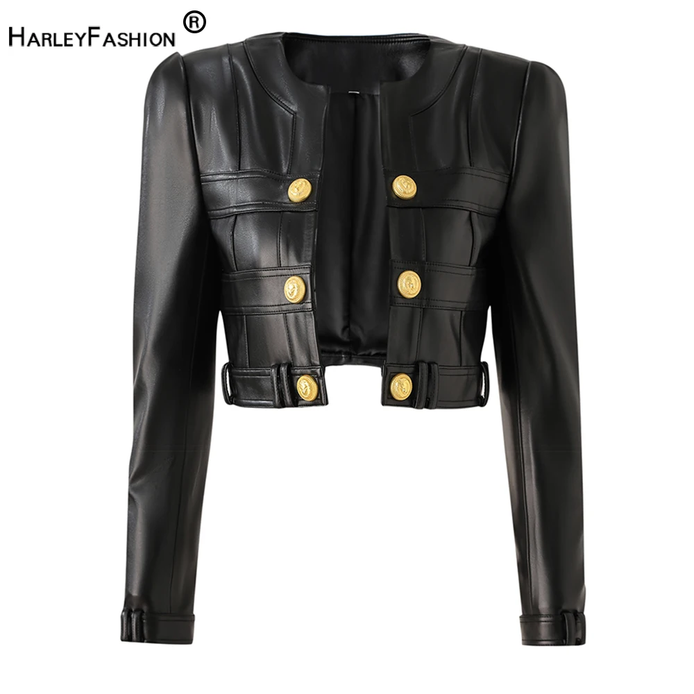 

New Fall Spring Motorbike Style Handsome Women Short Plaid Open PU Leather Outdoor Fashion Jacket High Quality