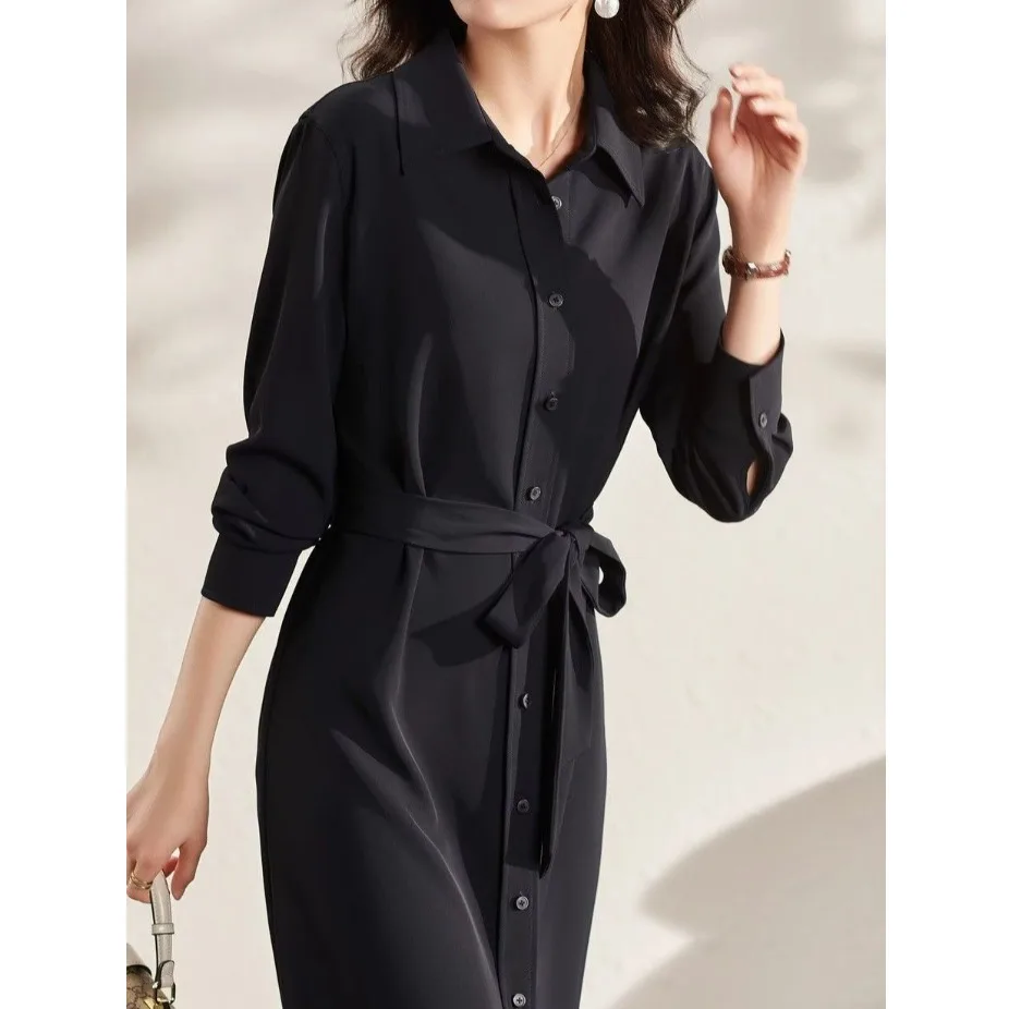 Spring Autumn Pure Color Midi irt Dr Women's Faion Slimming Long Sve Belted Casual Polyester Fiber 2025 New Arrival
