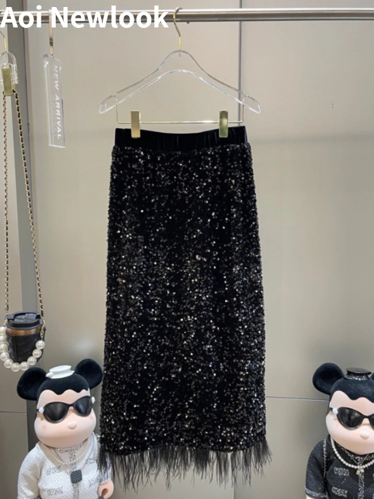 

Женское шелковое платье с блестками, элегантное прямое платье с высокой талией, Осень-зима 2023