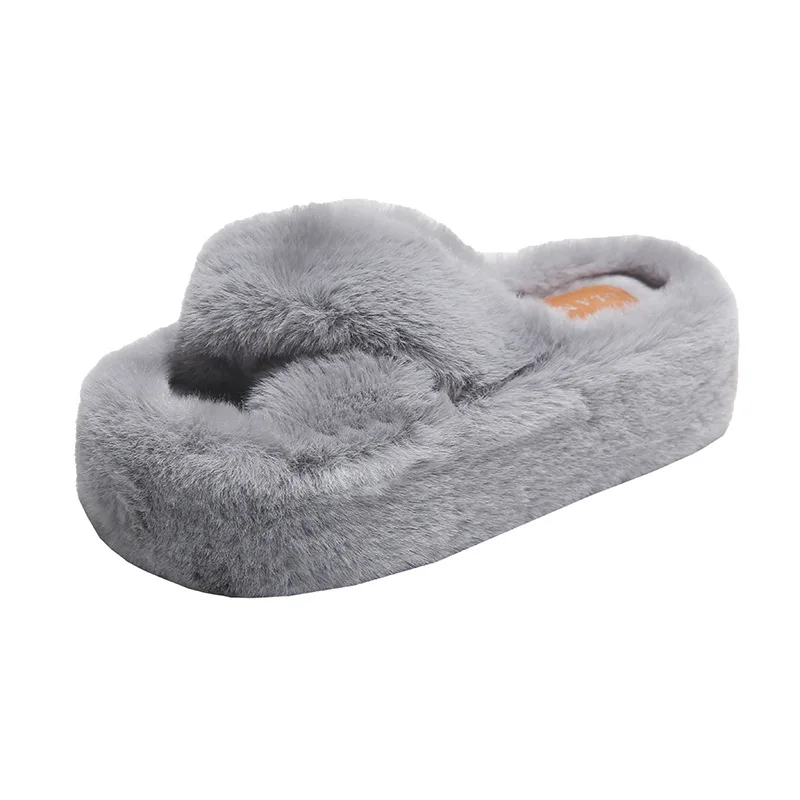 2023 New Autumn and winter fashion cross fluffy slippers heel 7CM women's indoor and outdoor one word flat cotton slippers ATD23