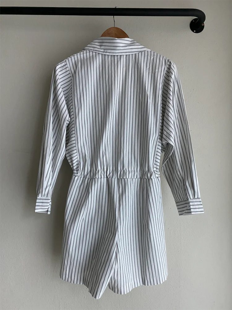 QOERLIN Striped Jumpsuits Women Turn-Down Collar Long Sleeve Spring Summer Pocket Shirts Jumpsuit Bandage Slim Waist Overalls