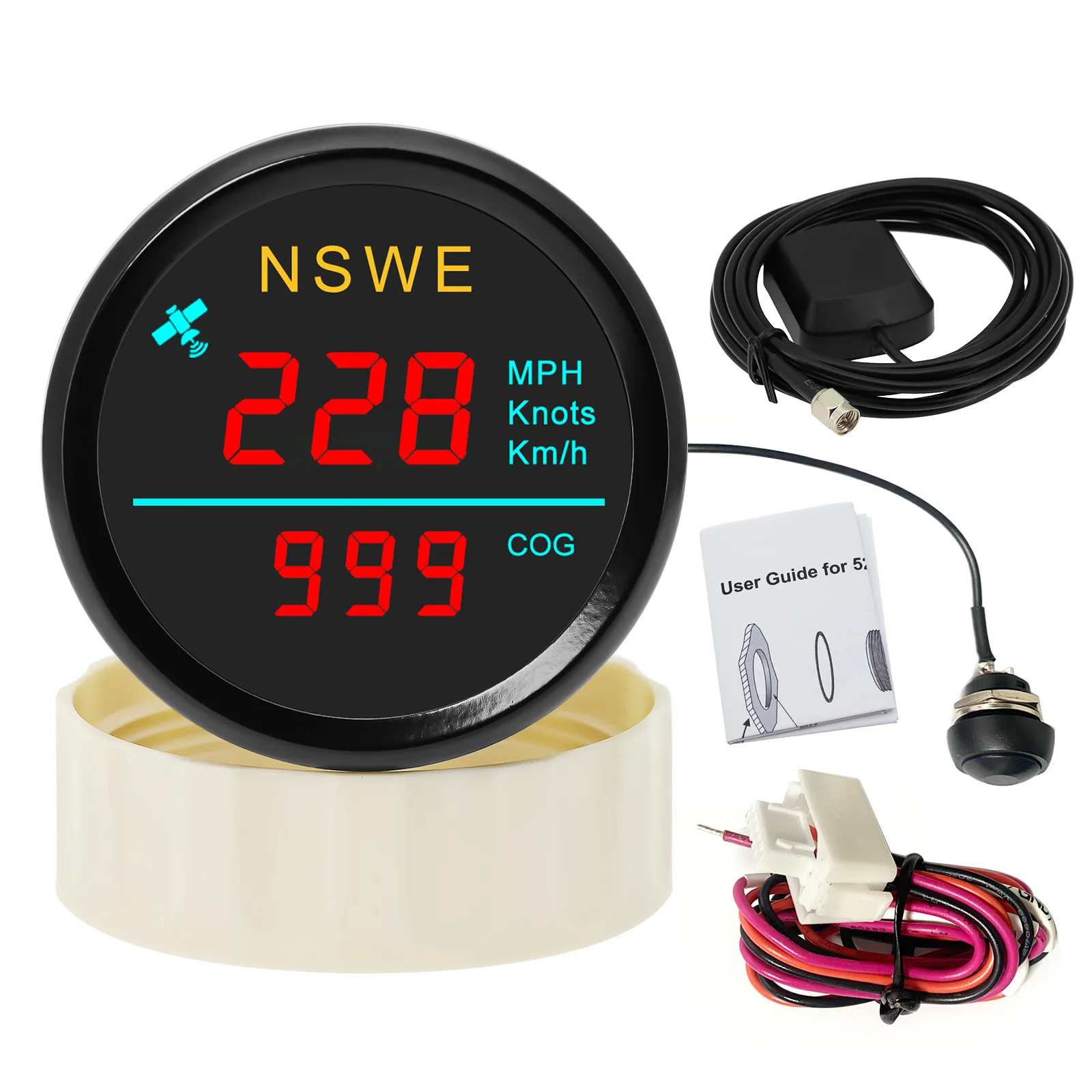 범용 자동차 보트용 NSWE, 0 299 KMH 매듭, MPH 52mm GPS 속도계 게이지, 안테나 포함, 녹색, 흰색, 적색, 12V, 24V, 신제품