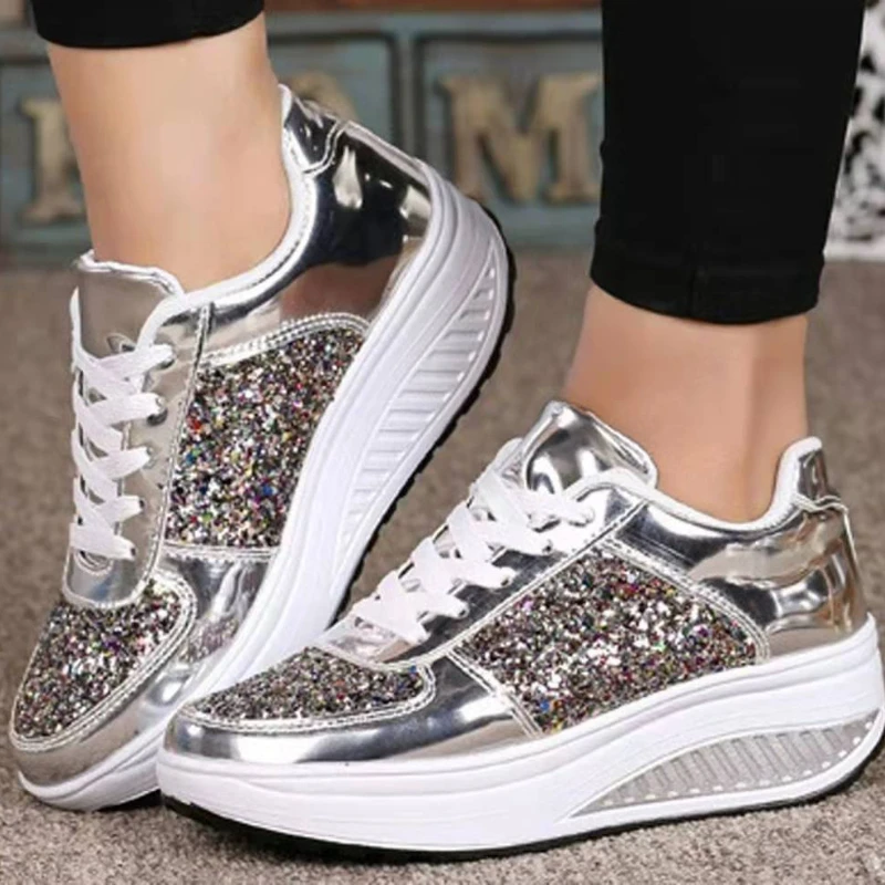 

Sequins Platform Sneakers Women Large Size Lace-Up Sneaker Autumn Fashion Colorblock Sports Vulcanized Shoes Chaussures Femme