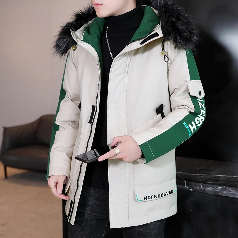 Classic Casual Mens Winter Hooded Cotton-Padded Jacket Outwear Warm Thick Parkas Detachable Fur Collar Down Coat Top Windbreaker