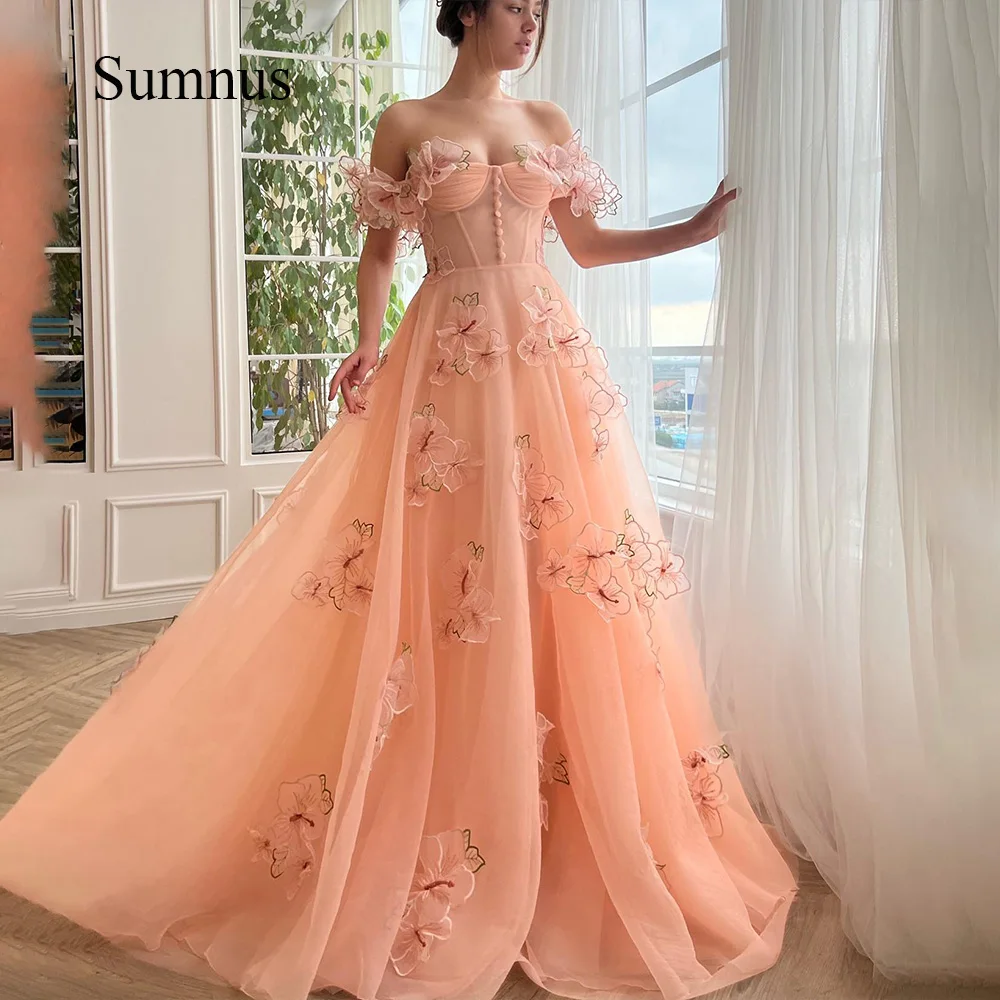 

Sumnus Pink 3D Flower A Line Homeoming Prom Dresses Off Shoulder Draped Tulle Long Graduation Party Dress Princess Evening Gowns