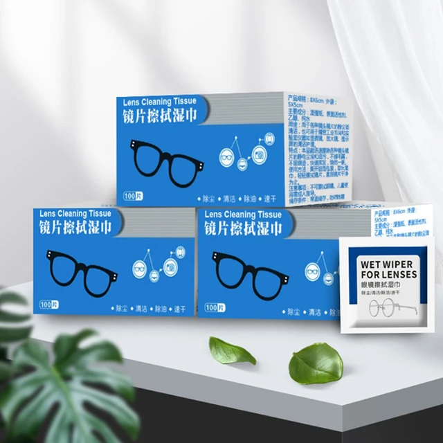 100 piezas/caja Gafas limpieza Toallitas húmedas desechable anti niebla  polvo Removedor limpieza Lentes Gafas de sol, Moda de Mujer