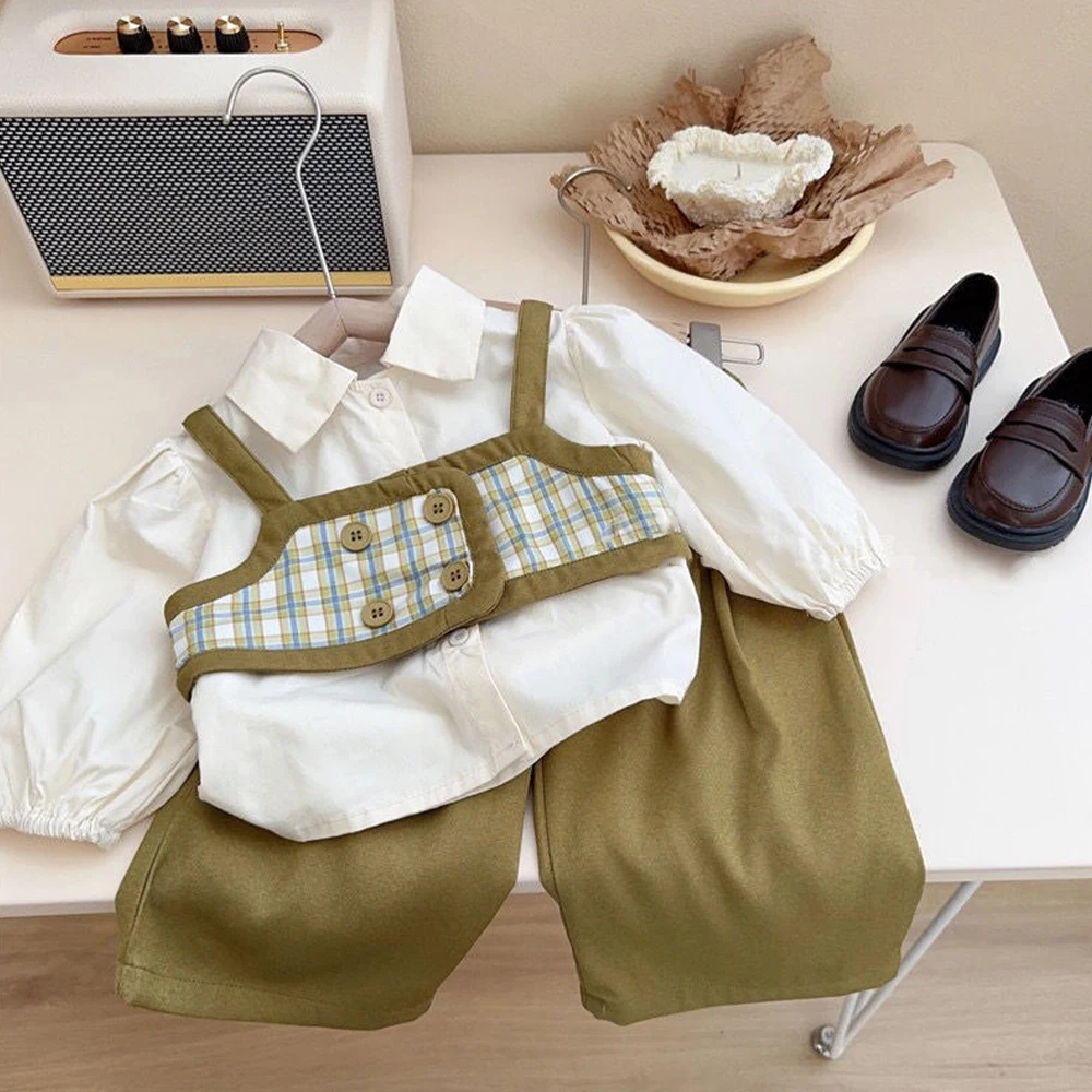 

Menoea/Детский комплект, новая весенне-осенняя рубашка с длинными рукавами для девочек клетчатый топ на бретелях + штаны Модный комплект из двух предметов для девочек