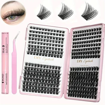 With adhesive and sealing, DIY eyelash extension kit -384 clusters of D-curled eyelashes, as well as a special clip for false ey 1