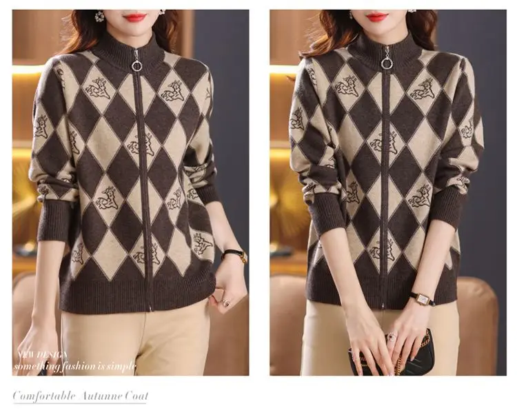 Women's Korean Vintage Plaid Sweaters Cardigan Autumn Winter Casual All-match Stand Collar Zipper Knitted Tops Female Clothing