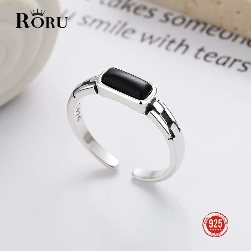 

925 Silver Stylish Retro Minimalism Black Zircon Personality Trend Creative Special-Interest Design Open Ring for Women Men