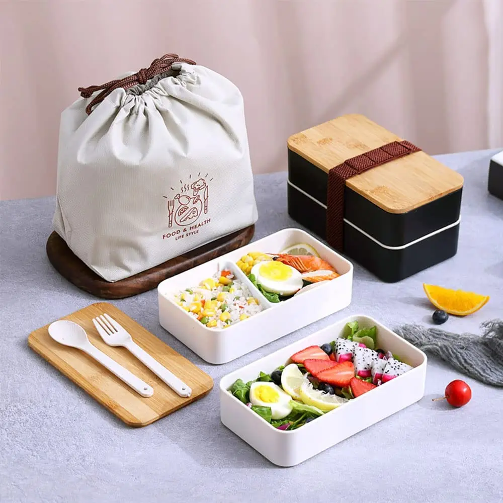 Bento Box for Adults Double Layer Wood Grain Lunch Box Multifunctional Microwave Plastic Lunch Storage Box- Kids Lunch Box with Divider,Microwave Safe