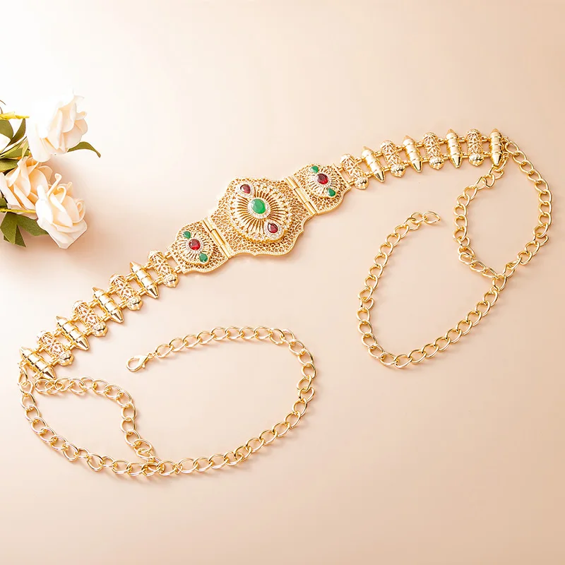 

Роскошная позолоченная цепочка на талию с кристаллами, полый цветочный дизайн, свадебное ювелирное изделие для тела, Свадебный обручальный пояс в арабском стиле золотого цвета