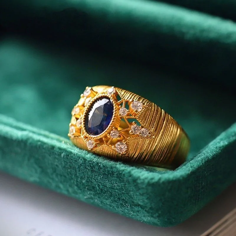 Italia Craft Retro 14K Gold Filled Sapphire Open Band Finger Ring Per Donna Uomo 9K 10K Oro Reale Vintage Tanzanite Topaz Jewelry