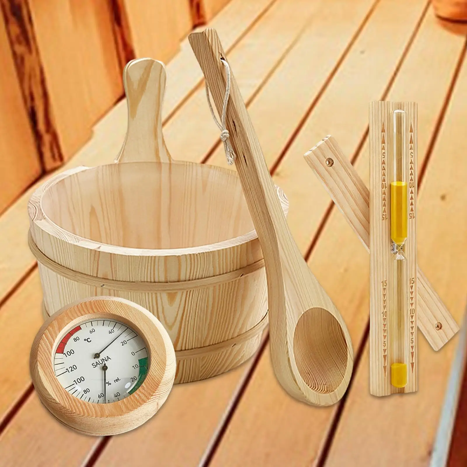 Sauna Equipment Kit 4L Wooden Bucket Premium Ladle Thermometer Sand Timer Set for Steam Room
