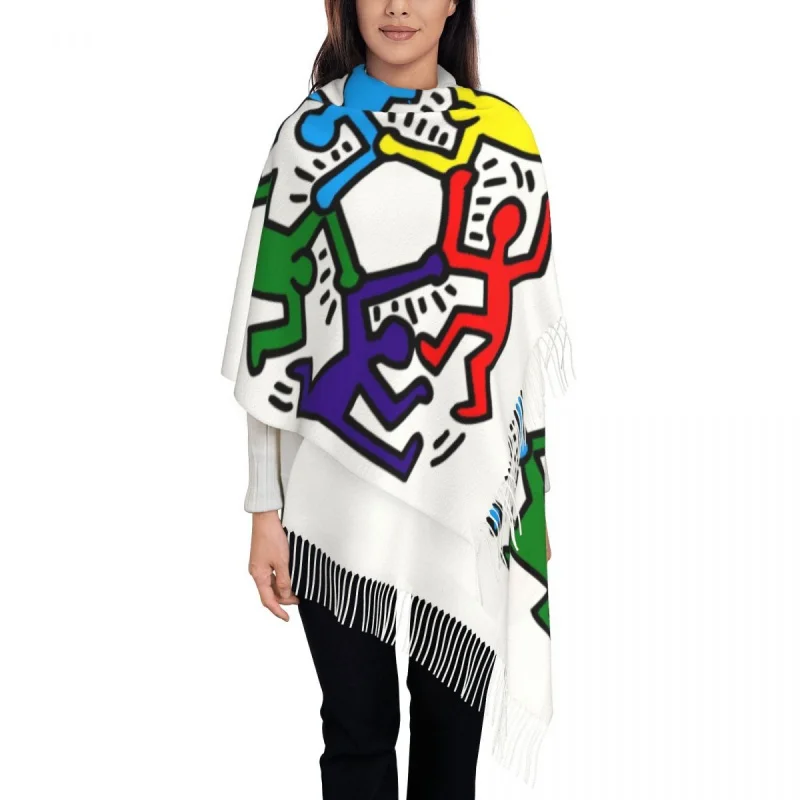 

Lady Large Funny Graffiti Figures Scarves Winter Fall Soft Warm Tassel Shawl Wrap Geometric Abstract Haring Paintings Art Scarf