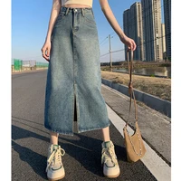 Summer Women High-waist Retro A- line Skirt Pockets Front Slit Washed Blue Denim Skirts Hip-covering Straight Long Jeans Skirt - Image 2