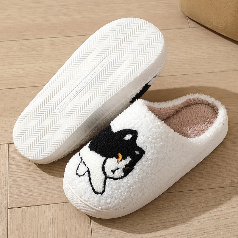 2024 Winter Women Black Cat Slippers Men Cartoon Home Black Dog Floor Sandals Couples Indoor Slippers Adults Warm Non-slip Shoes 5
