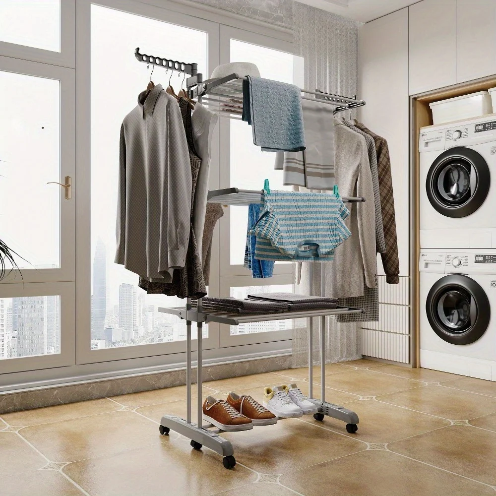 Large Drying Rack, Collapsible Drying Rack Laundry 4 Tiers, Removable Drying Rack, Folding Wings, Easy to Assemble, Indoor/Outdo 5