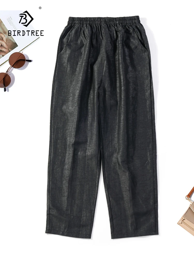 

Birdtree 100%Silk Straight Pants Turtle Cracks Cloud Gauze Silk Black Versatile Pockets Women's Fashion Casual Trousers B37319QC