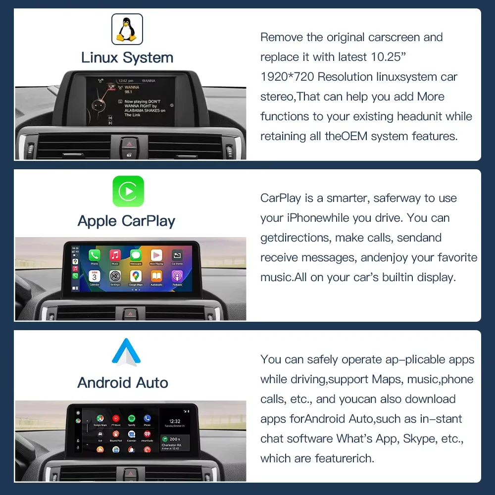 1920*720 Wireless CarPlay Android Auto Multimedia Display Screen For BMW 1 2 3 4 Series F20 F21 F22 F30 F31 F32 F33 With Airplay