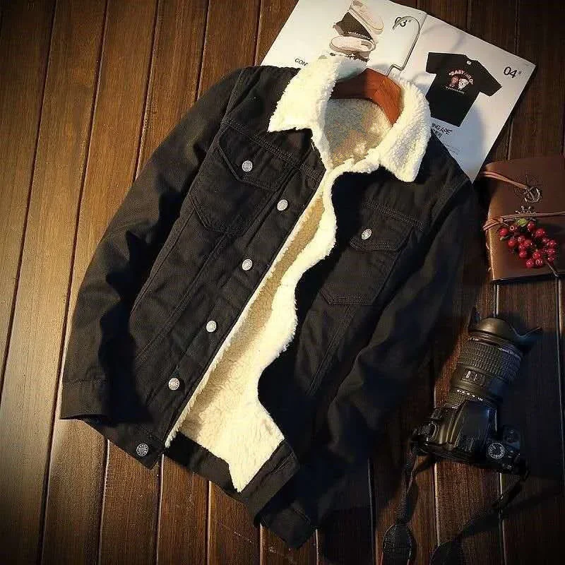 

Autumn and Winter New Male Fashion Trend Lamb Cashmere Denim Jacket Men Casual Comfort Thick Warm High Quality Overcoat Thermal