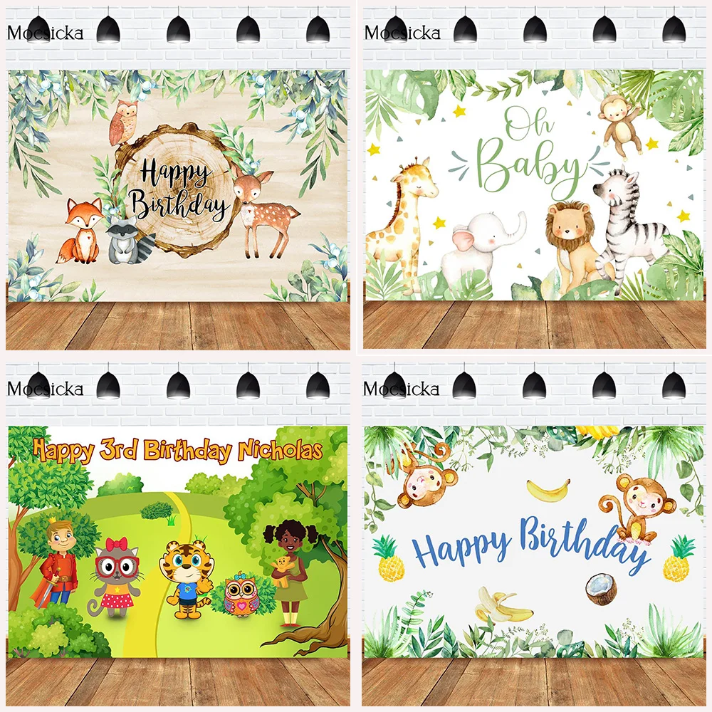 Mocsicka CUSTOM Rainforest Animals Wild One Backdrops Children Happy Birthday Party Photography Background Cake Table Banner