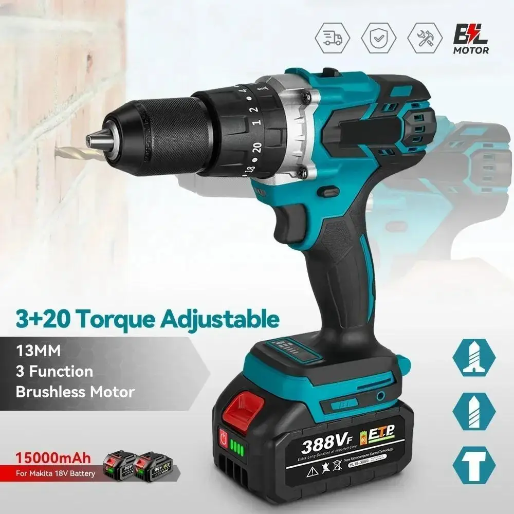 Power Tool 13mm 20+3 480N.M Torque Hammer Drill Cordless Electric Impact Drills Screwdriver Compatible Makita 18V Battery Tool