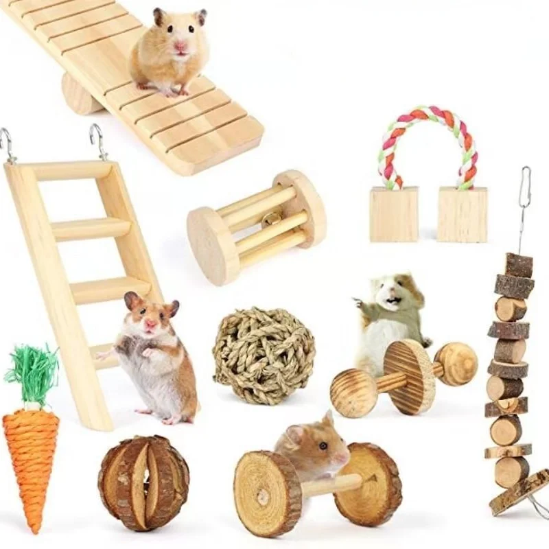 Cute Natural Wooden Rabbits Toys Pine Dumbells Unicycle Bell Roller Chew Toys For Guinea Pigs Rat Small Pet Molars Supplies