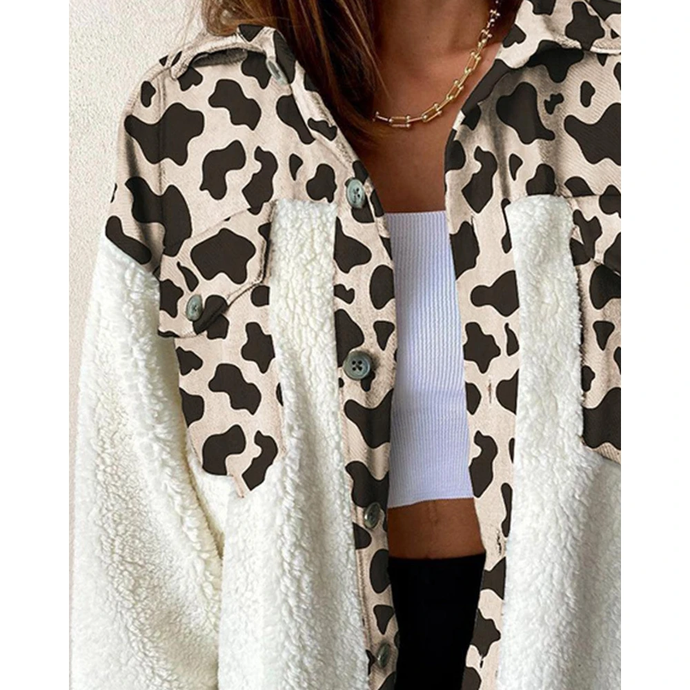 New Autumn Women Colorblock Cow Print Pocket Design Teddy Shirt Coats Fashion Femme Long Sleeve Turn-down Collar Fluffy Jackets