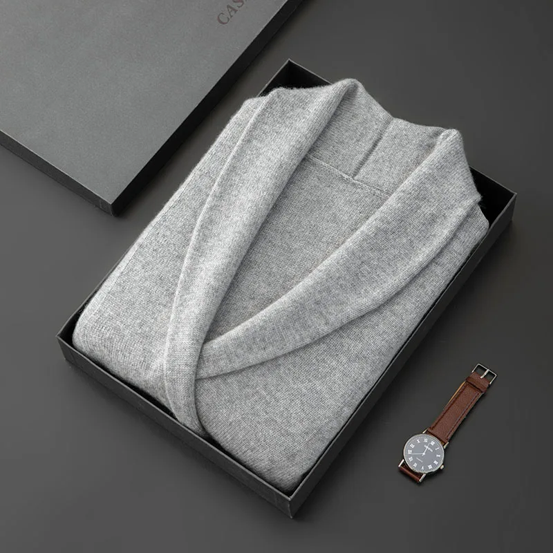 100% Class A Goat Cashmere Coat Men's Blue Fruit Neck Double breasted Knitted Cardigan Autumn Winter Warm Long Sleeve V-Neck Top 3