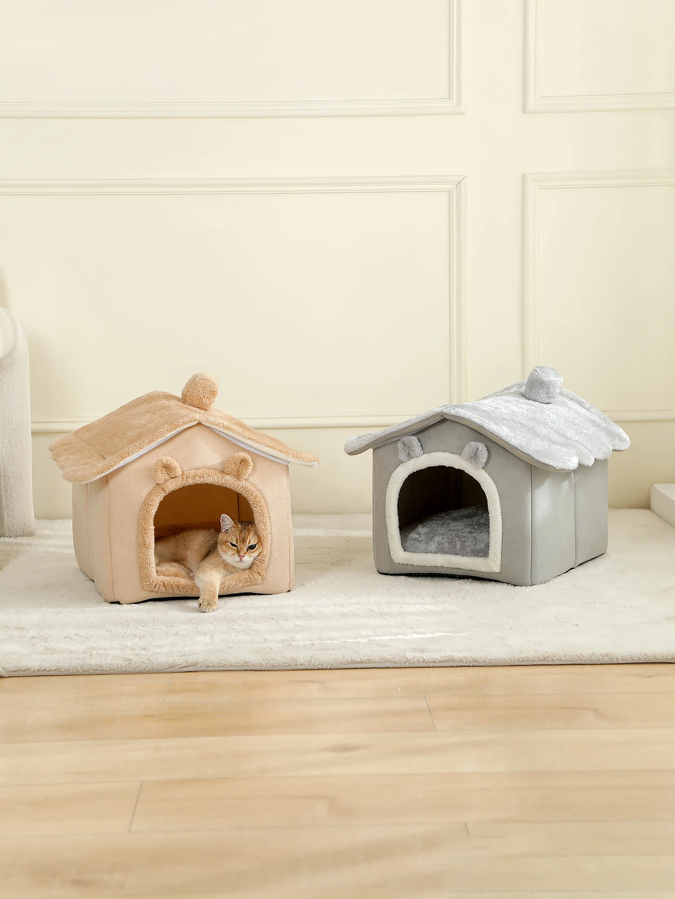 Lit maison pliable et lavable pour chat et petit chien avec coussin amovible_voghion.com