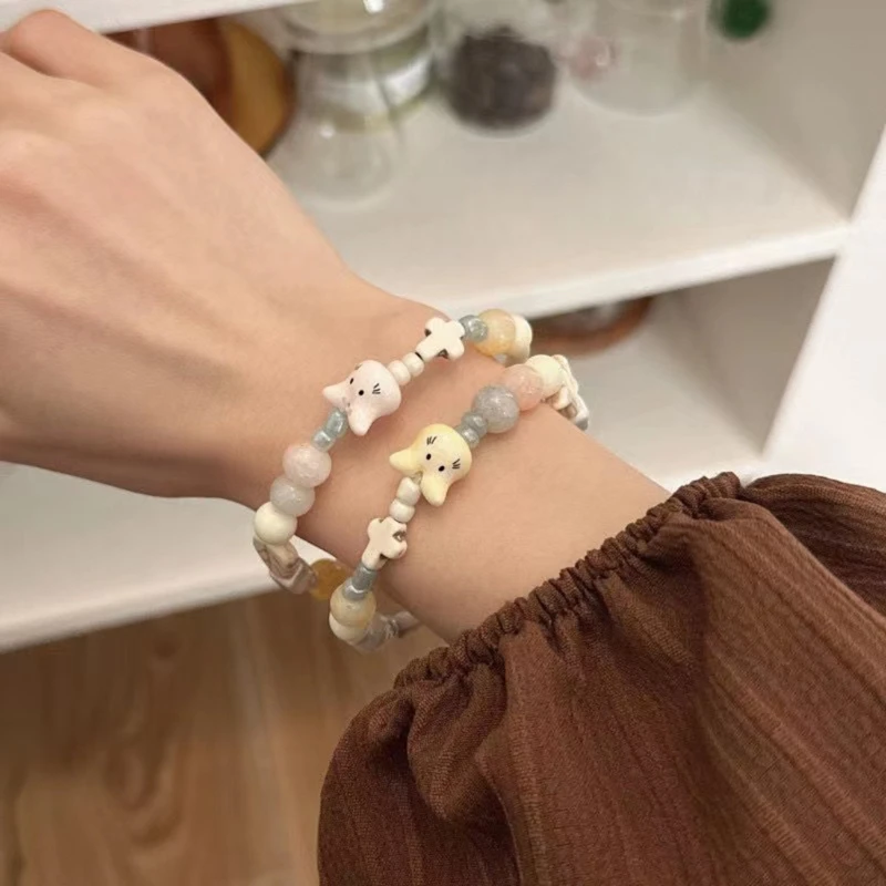 Ceramic Bead Elastic Bracelets Delicate Cute Rabbit Handchain Charming Jewelry Sweet Round Square Bead Bracelets Jewelry