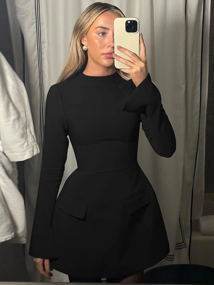 Elegant Long Sleeve Slim Mini Dress For Women A-Line High Waist Two Pockets Solid Autumn Winter New Party Dress Female