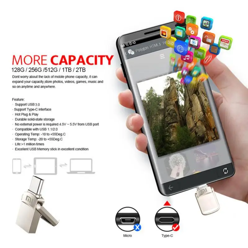 U Disk Xiaomi 2TB High Speed Usb 3.0 Type-C Interface Mobile Phone Pen Drive 1TB Computer Dual-Use OTG Dual Flash Memory