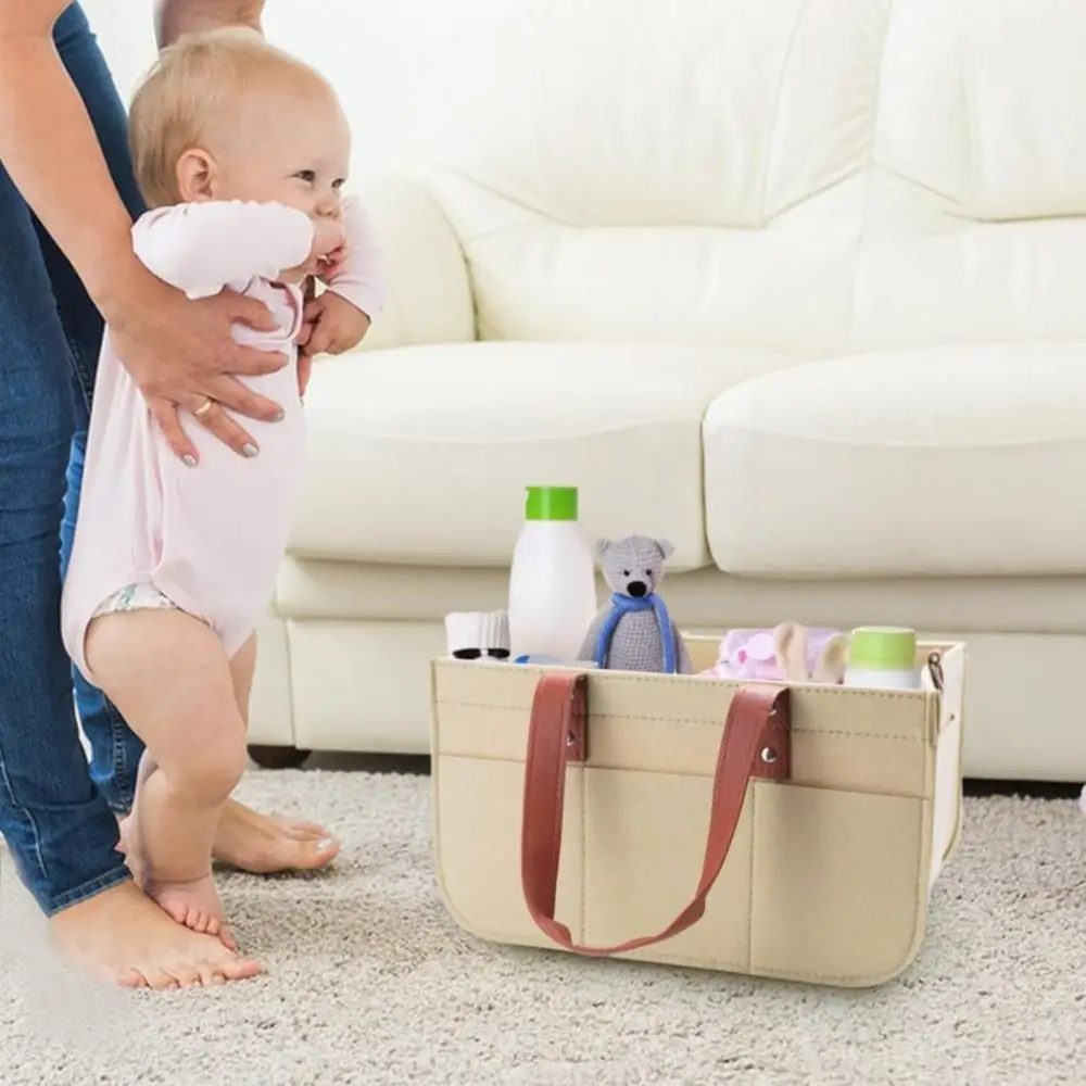 Large Capacity Felt Diaper Storage Bag Foldable with Handle Baby Felt Storage Basket Portable Baby Stroller Hanging Bag for Home